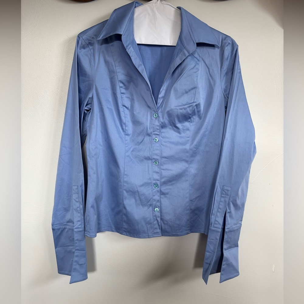 Escada Light Blue Stretch Cotton Button Down Blouse Size 42 US 10 Tailored Shirt